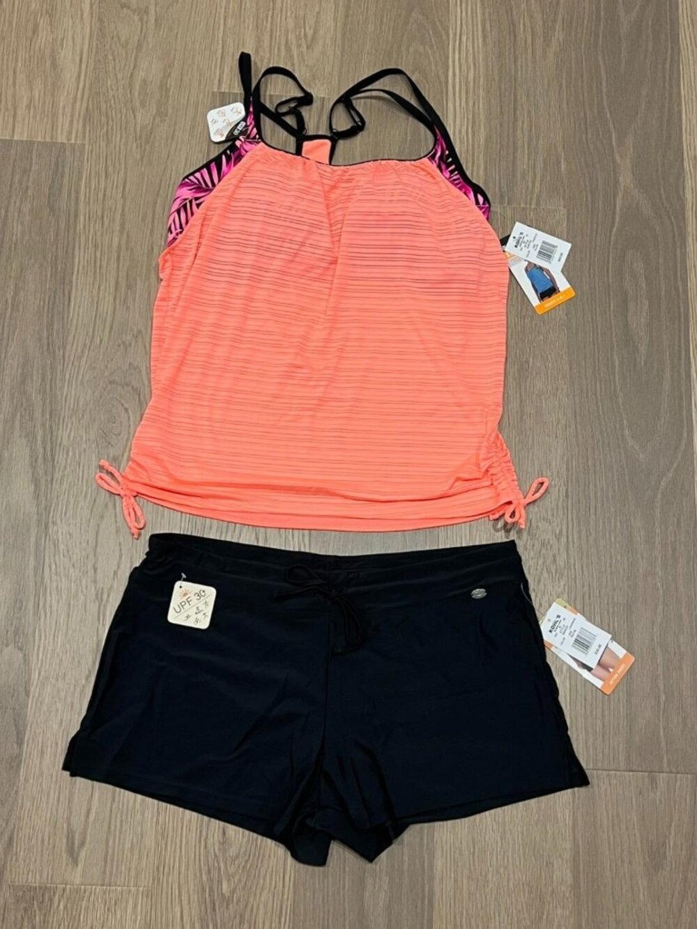 XL 14 Womens ZeroXposur 2-in-1 Layer Top Black Swim Shorts Tankini Swimsuit Set